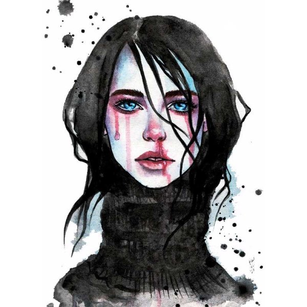 Черные волосы акварелью