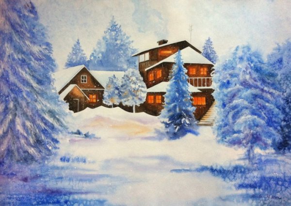 Зимний пейзаж с домиком акварелью