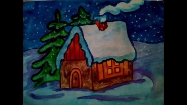 Зимний домик поэтапное рисование