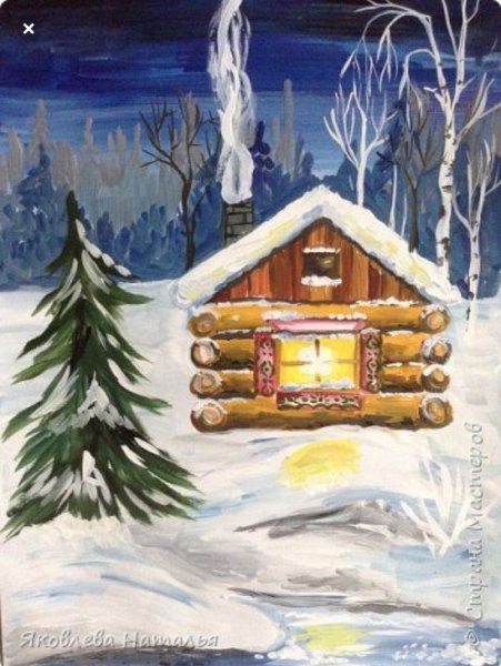 Рисование зимняя избушка