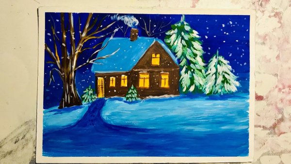 Рисовать зимний пейзаж с домиком гуашью