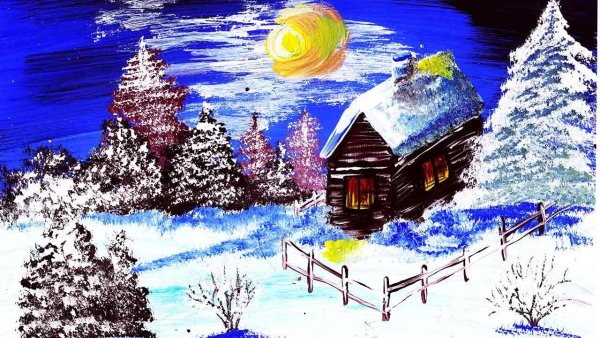 Правополушарное рисование зимний домик