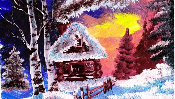 Зимний домик гуашью