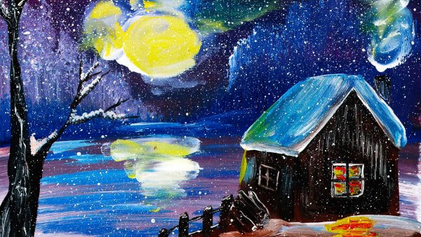 Как рисуются дома зимний вечер