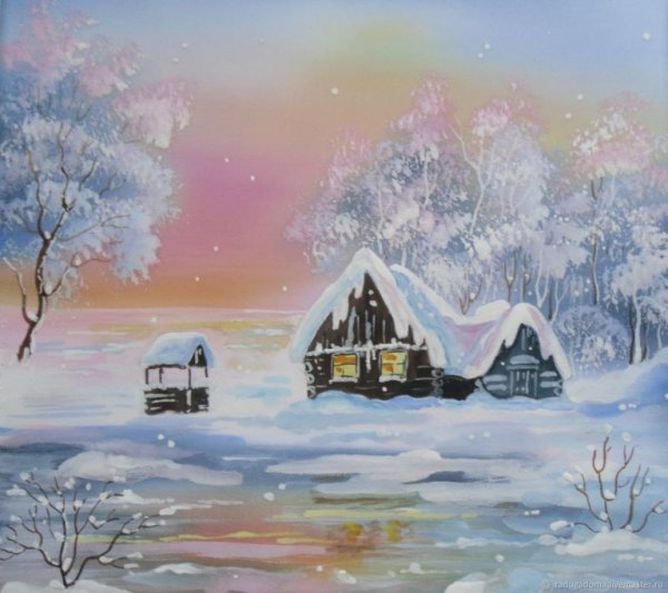 Зимний пейзаж с домиком гуашью