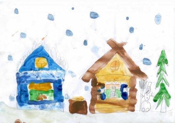Зимний домик рисование