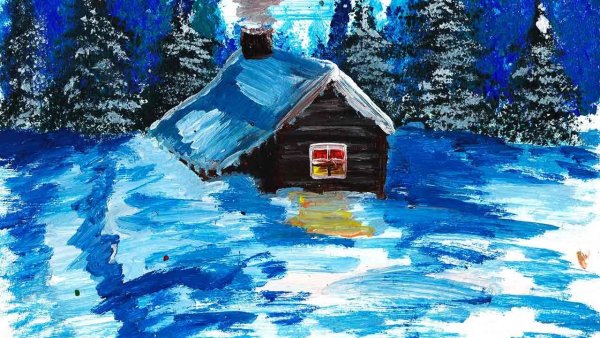 Пейзаж зимний гуашью легкий с домиком