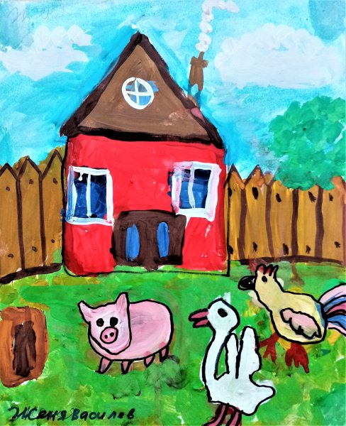 Деревенский дом гуашью