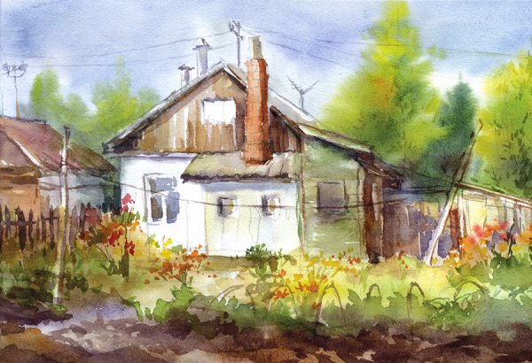 Пленер Этюд акварелью деревня