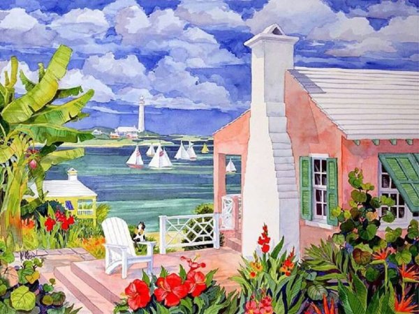 Домик у моря гуашью