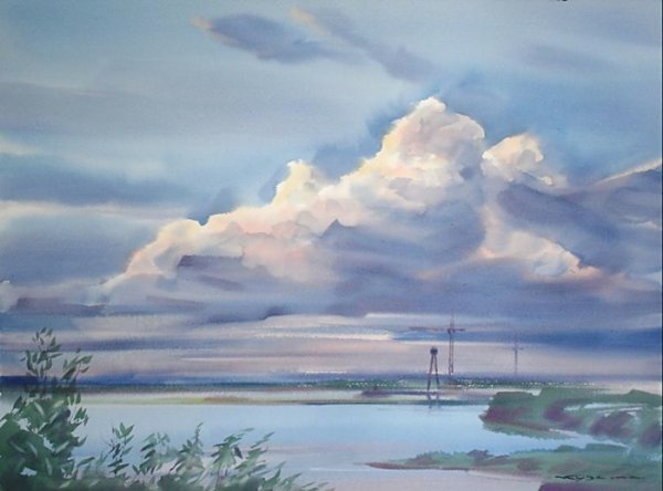 Пейзаж с облаками акварелью