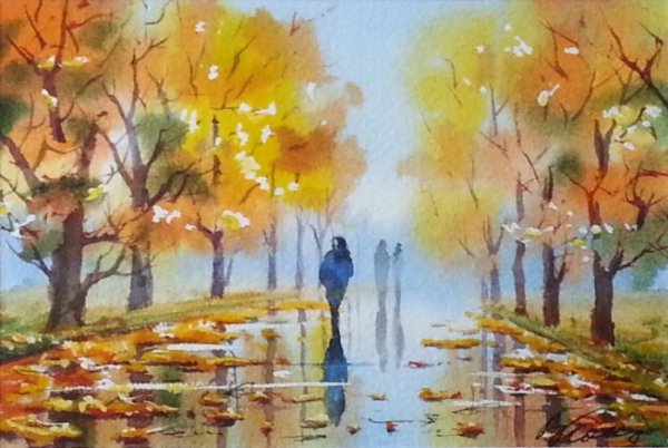 Осенний пейзаж акварелью Татьяна Берг