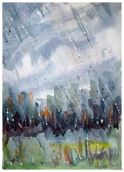 Дождливый пейзаж акварелью