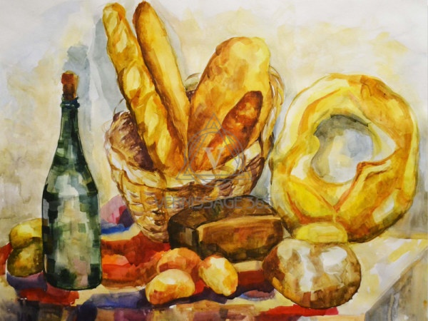 Натюрморт с хлебом акварель