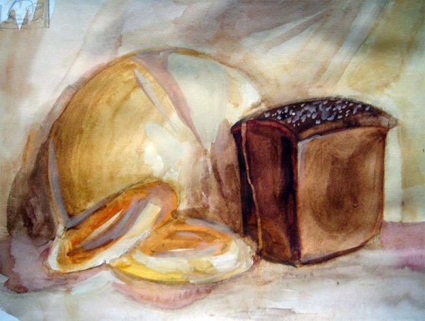 Акварельная живопись натюрморт с хлебом