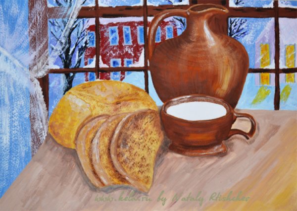 Гуашь. Натюрморт с хлебом