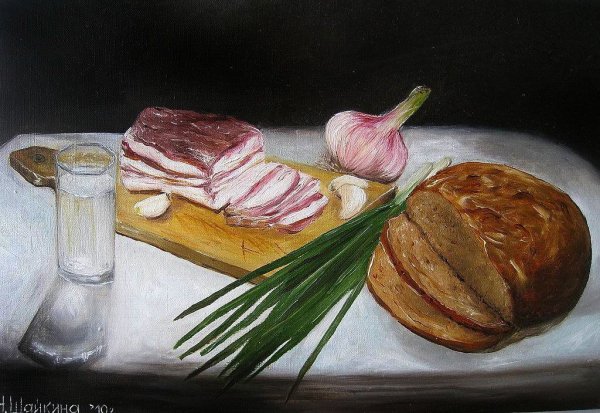 Натюрморт с салом и хлебом