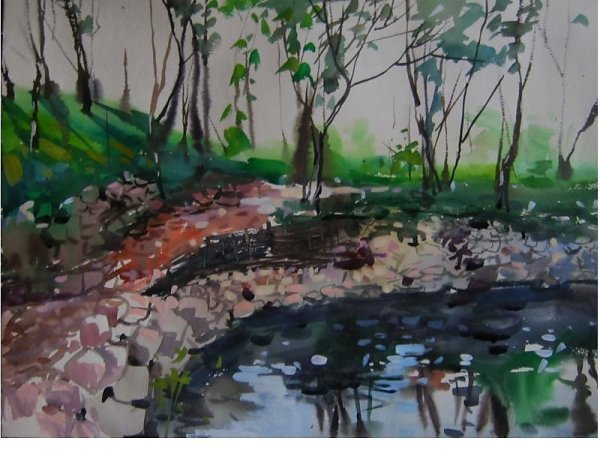 Пруд гуашью