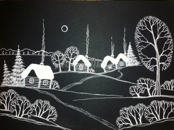 Зимний пейзаж на черной бумаге