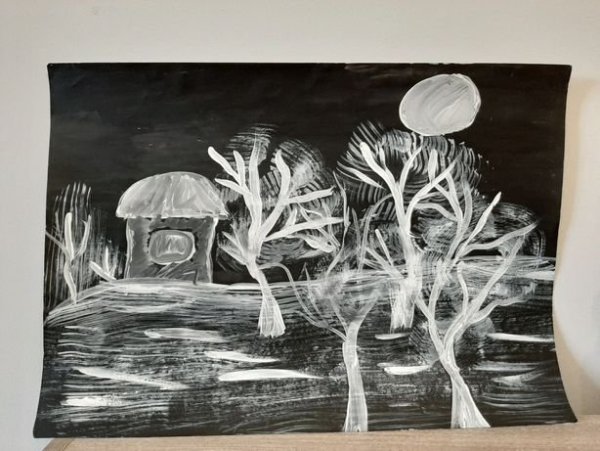 Пейзаж белой гуашью