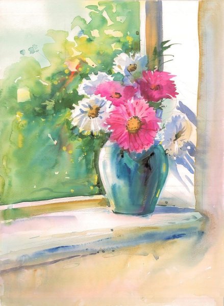 Цветы в вазе гуашью