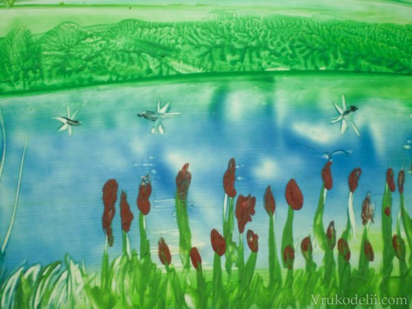 Озеро с камышами гуашью