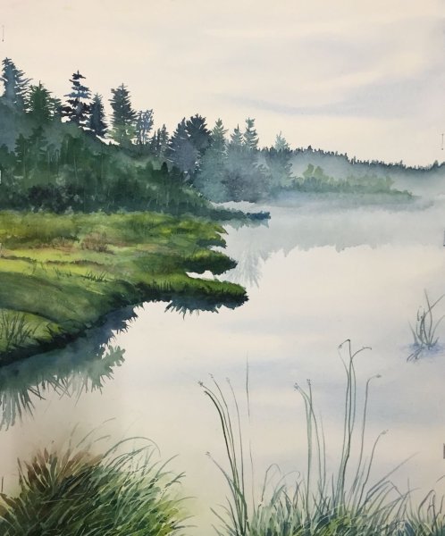 Речной пейзаж акварелью