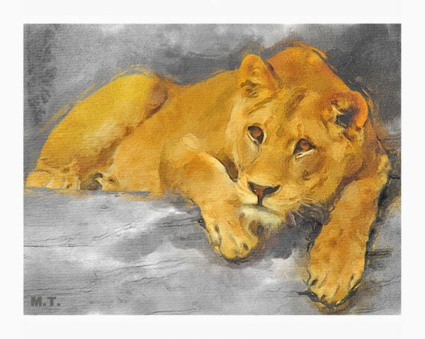 Львица отдыхает в живописи