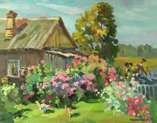 Деревенский пейзаж гуашью