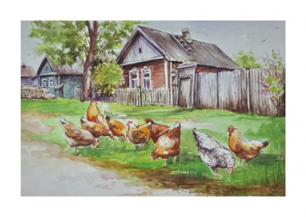 Деревенский пейзаж с курочками