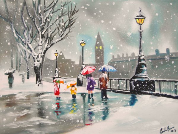 Зима в городе акварель