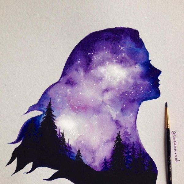 Космос рисунок акварелью