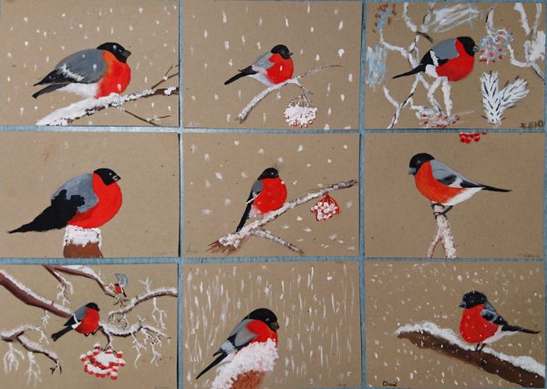 Снегири украшения на окна новогодние