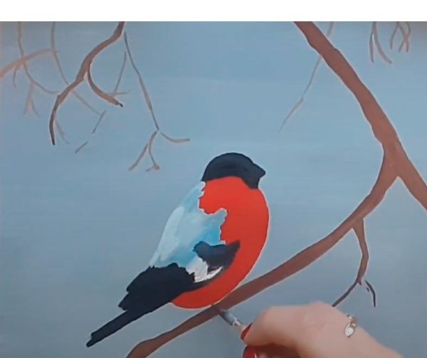 Снегири на стекле гуашью