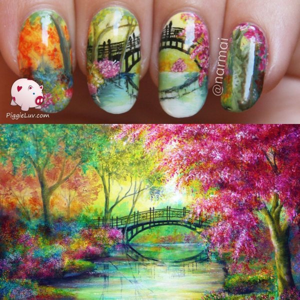 Рисование пейзажа на ногтях