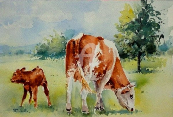 Корова акварелью