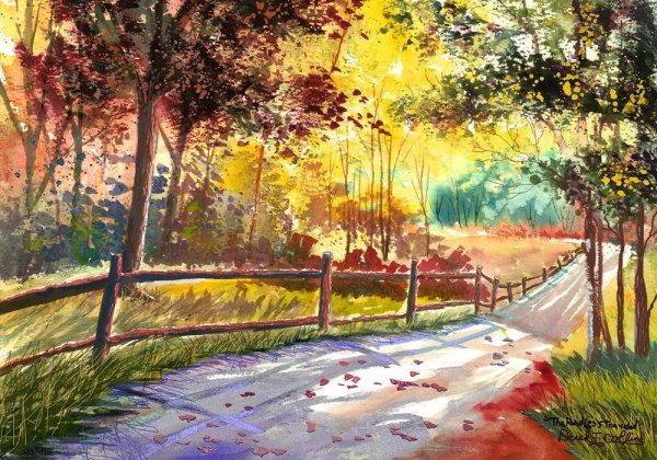 Парк осенью акварель