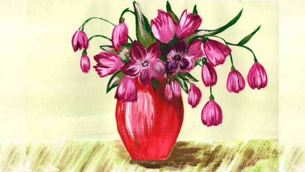 Нарисовать цветы в вазе гуашью