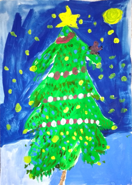 Новогодняя елка гуашью для детей