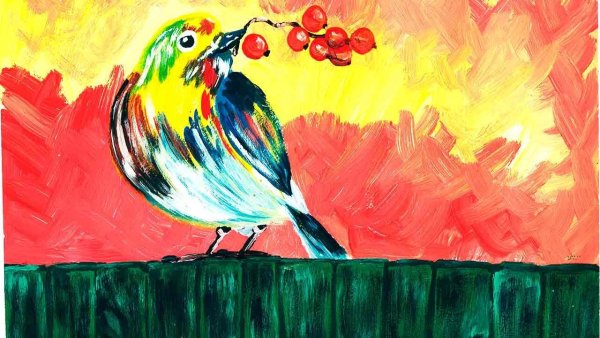 Правополушарное рисование птицы гуашью