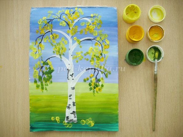 Берёза рисунок красками