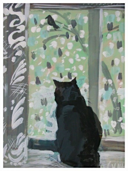 Кошка на окошке гуашь
