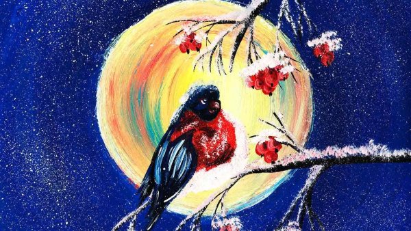 Рисование гуашью Снегири на ветке рябины