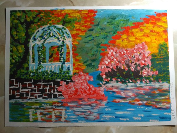 Пейзаж парка гуашью с беседкой