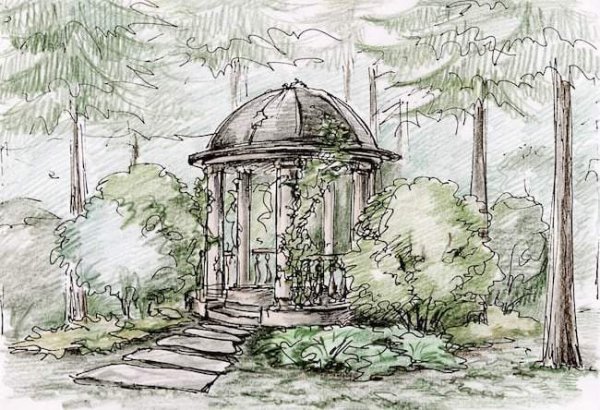 Пейзаж с беседкой карандашом