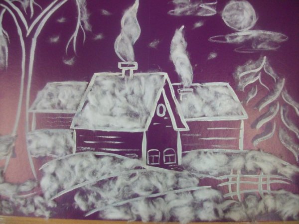 Зима на черном картоне белой гуашью