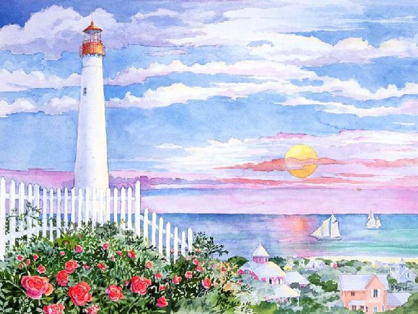 Морской пейзаж Маяк в цвете карандашами