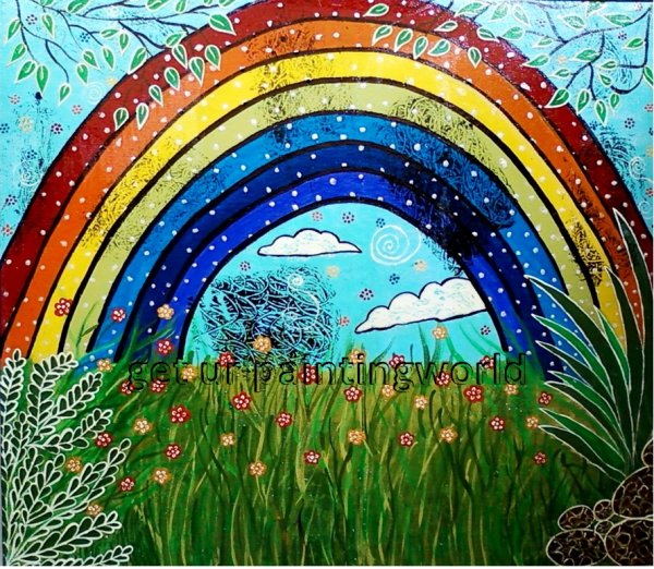Пейзаж с радугой гуашью