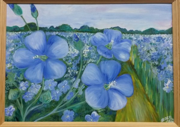 Поле льна в цвету живопись