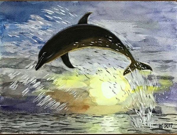 Дельфины акварелью